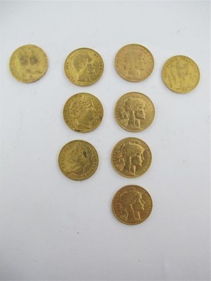 null 9 pièces de 20 Francs en or, 1812, 1824, 1848, 1851, 1854, 1901, 1906, 1911,...