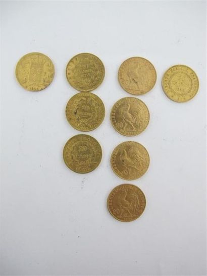 null 9 pièces de 20 Francs en or, 1812, 1824, 1848, 1851, 1854, 1901, 1906, 1911,...