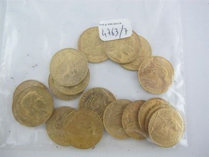 null 18 pièces de 20 Francs en or, coq, 1904, 1906 (x2), 1907 (x5), 1908 (x2), 1910,...
