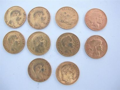 null 10 pièces de 20 Francs en or 1852, 1854, 1856 (x2), 1860, 1863, 1867, 1869,...
