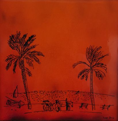  Raoul DUFY (1877-1953), d'après. Carreau de grès émaillé orange à décor en noir... Gazette Drouot