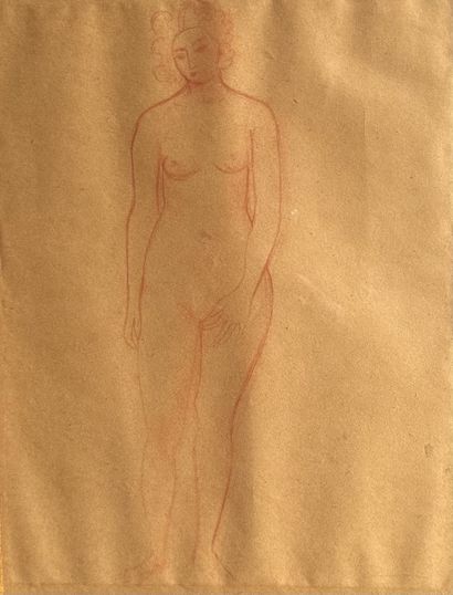  André DERAIN (1880-1954). Nu féminin debout. Sanguine sur papier bistre, signée... Gazette Drouot