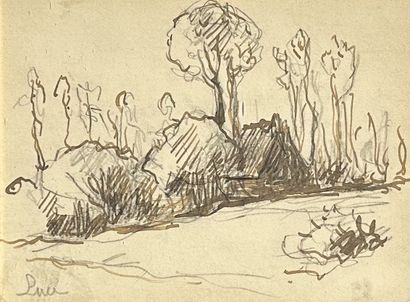  Maximilien Luce (1858-1941). Maison sous les arbres. Lavis et crayon sur papier,... Gazette Drouot