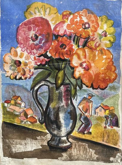  Georges GIMEL (1898-1962). Bouquet de fleurs avec fond animé. Lithographie en couleur... Gazette Drouot