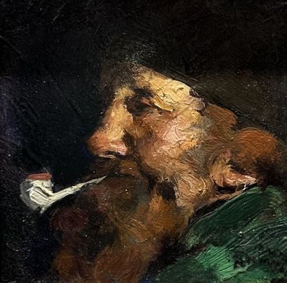  André DEVAMBEZ (1867-1944). Homme à la pipe. Huile sur panneau d'accajou, signée... Gazette Drouot