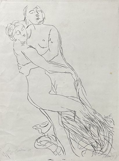  Jeanne BARDEY (1872 - 1954). Couple. Lithographie sur papier, d'après une sculpture... Gazette Drouot