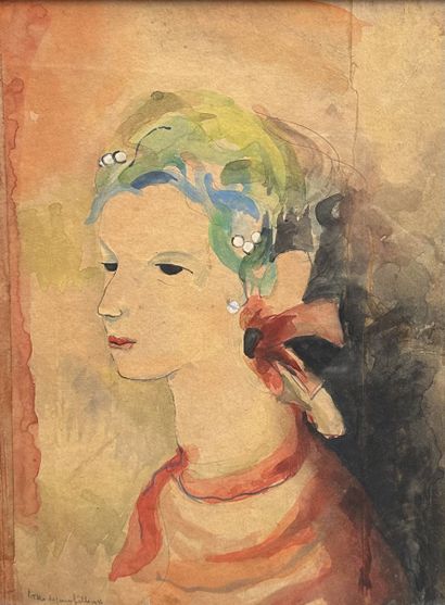  Marie LAURENCIN (1883-1956). In the style of. Tete de jeune fille. 1936. Watercolor... Gazette Drouot