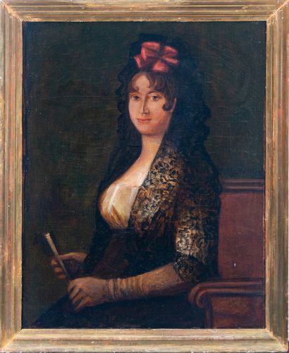 Portrait of a Lady with a Fan, follower of Francisco de Goya, 19th century Spanish... Gazette Drouot