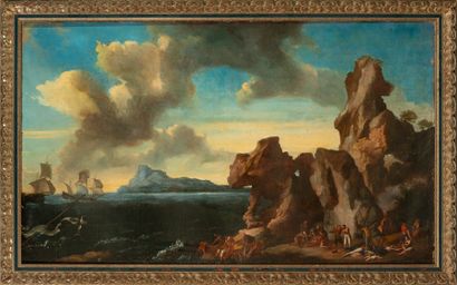Large and Spectacular View of the Bay with Characters next to the cliff, 18th century... Gazette Drouot