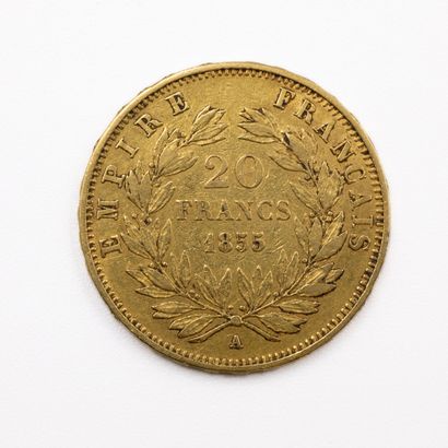 null Une pièce de 20 francs or Napoléon III "tête nue", 1855 A.
Poids : 6,4 g.
U...
