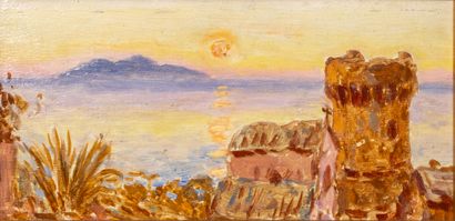null Olynthe MADRIGALI (1887-1950)
Miomo, soleil levant, l'Île d'Elbe au large, Corse.
Huile...