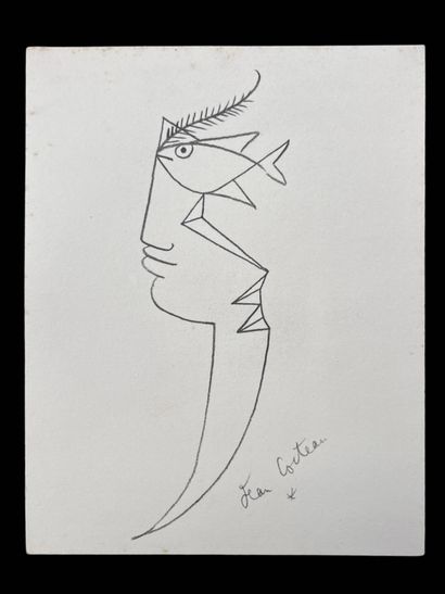  Jean COCTEAU (1889-1963)
Profil d'homme
Lithographie en noir sur papier.
Signé en... Gazette Drouot