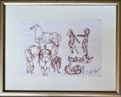  Roger CAPRON (1922-2006)
Etude de personnages et cheval
Encre sur papier. Signé... Gazette Drouot