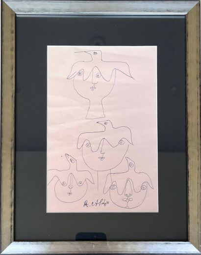  Roger CAPRON (1922-2006)
Visages aux colombes 
Encre sur papier. Signé en bas au... Gazette Drouot