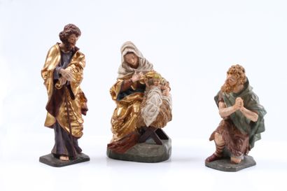  Lot de sculptures. 20e siècle. Marie avec l'enfant Jésus, Joseph et Jean. Bois sculpté,... Gazette Drouot