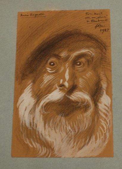 null Lot de 5 dessins :

- " Père Noel par un élève de Rembrandt , crayon réhaussé...
