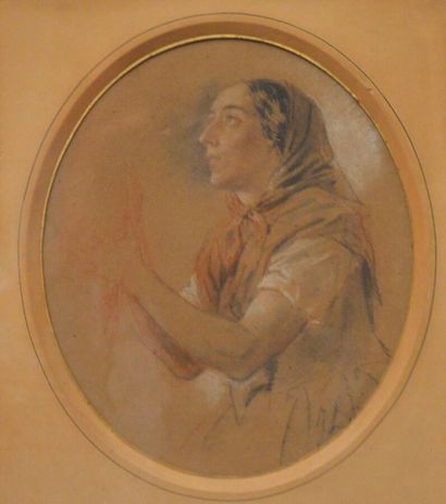  Ecole du XIXème 
"Femme au foulard" 
Dessin au crayon, craie et pierre rouge, monogrammée...