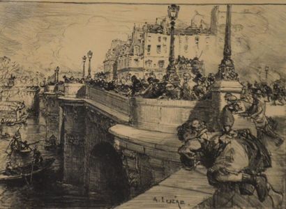  LEPERE Auguste (1848 - 1918) 
"Spectateurs sur le pond neuf" 
Lithographie signée...