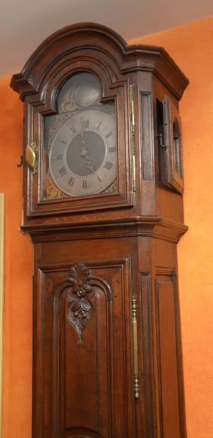 null Important floor clock in natural wood molded with shells and stylized flowers...