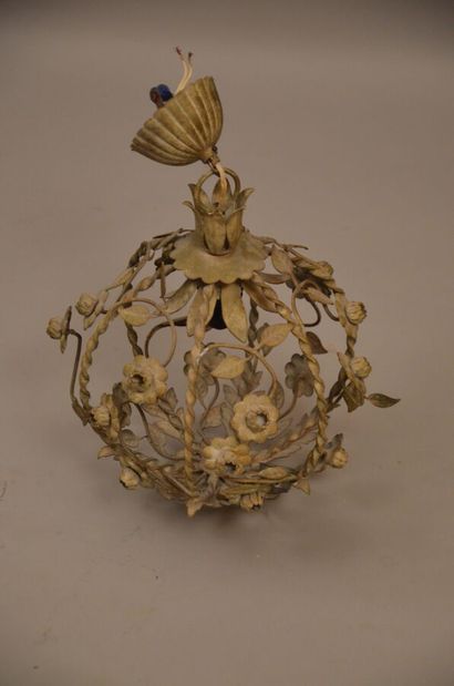 null White sheet metal chandelier in the shape of a ball decorated with stylized...