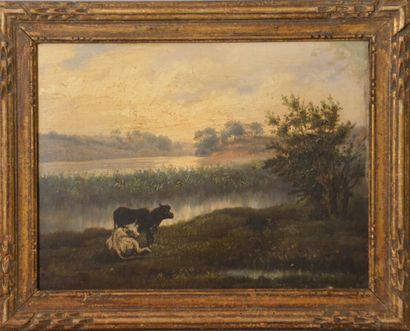 null RANSONNETTE Charles Nicolas ( 1793-1877) 

"Cattle at the water's edge". 

Oil...