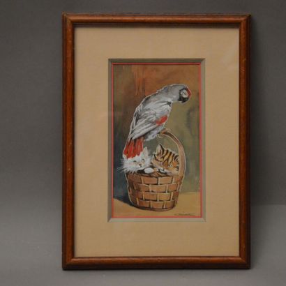 null Modern school

Parrot on the basket of kittens

Gouache signed lower right ?

Sight:...