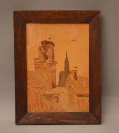 null Work end XIXth, "storks on the cathedral of Strasbourg", marquetry of wood signed...