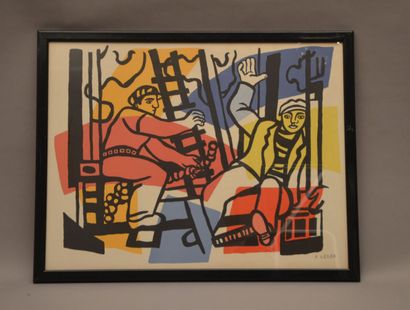  *Fernand LEGER (1881 - 1955) d'après 
Constructeurs. 
Lithographie en couleurs,...