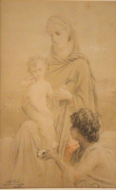 HEBERT Ernest Antoine Auguste (1817-1908) 
Sainte famille 
Crayon, sanguine et rehauts,...