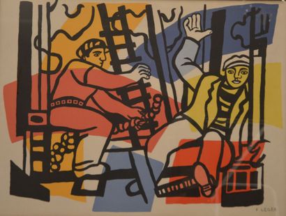  *Fernand LEGER (1881 - 1955) d'après 
Constructeurs. 
Lithographie en couleurs,...