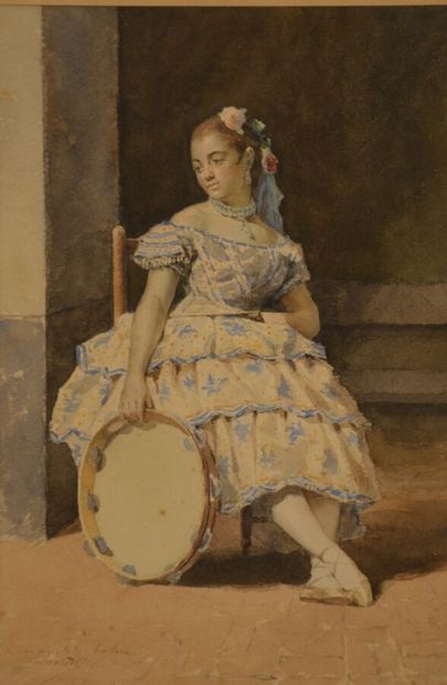  Ecole du XIXe siècle 
Jeune espagnole au tambourin 
Aquarelle sur papier. 
Signée...