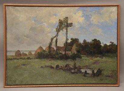  RAMBAUD A. ( Ecole du XIXème) 
"En Bretagne" 
Huile sur toile signée en bas à gauche....