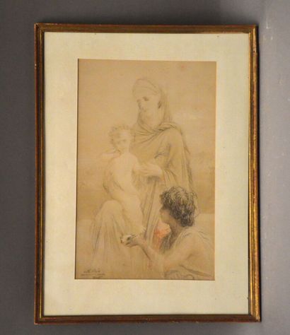  HEBERT Ernest Antoine Auguste (1817-1908) 
Sainte famille 
Crayon, sanguine et rehauts,...
