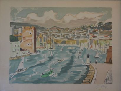  *Yves BRAYER (1907-1990) 
Vue d'un port. 
Lithographie en couleurs, signée numérotée...