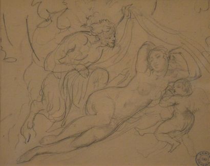  DEVERIA Achile (1800-1857) 
"Zeus, Antiope et l'Amour" 
Crayon sur papier avec cahet...