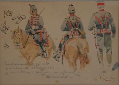  Josep CUSACHS (1851-1908) 
Etude de gendarmes, un de face et deux de dos 
Crayon,...