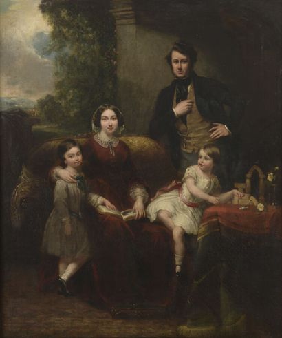  Ecole française vers 1840 
Portrait de famille dans un paysage 
Huile sur toile....