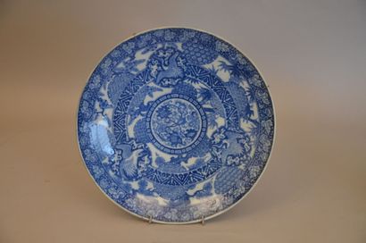 null * Plat circulaire en porcelaine à décor en bleu de cobalt sous couverte de registres...
