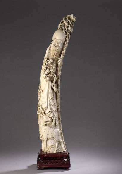 null Statuette en ivoire sculpté figurant Shoulao debout, son bâton noueux de longévité...