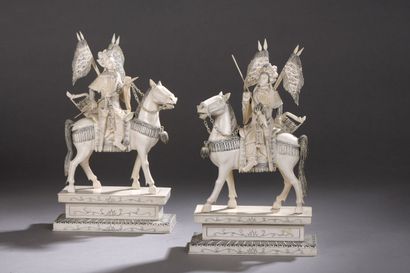 null Couple of subjects in carved ivory and heightened with ink, representing a rider...