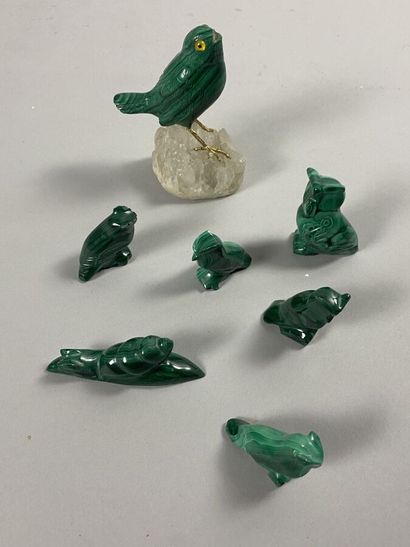 null Malachite lot including six small animal subjects and a bird on its crystal...