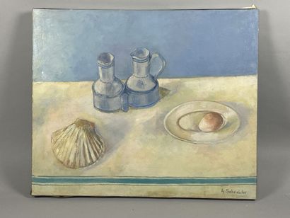 null SCHNEIDER Andrée - Modern school
"Still life with a blue oil can".
Oil on canvas...