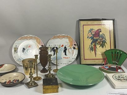 null 1 case with brassware (dishes, candlesticks..), 2 dishes "MAXIM'S", 2 plates...