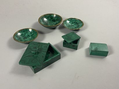 null Lot of malachite objects including three gilded metal cups and three small covered...