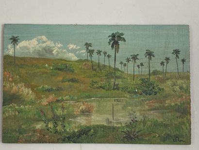 null Modern school
Landscape with palm trees
Oil on panel signed lower right
14 x...