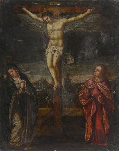 Ecole FLAMANDE du XVIIème siècle Christ en croix avec la Vierge et Saint Jean Cuivre...