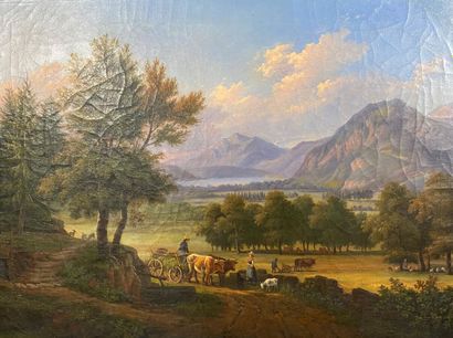 null Louis FAURE (1786-1879) - Ecole suisse
" Paysages animées"
Paire d'huiles sur...