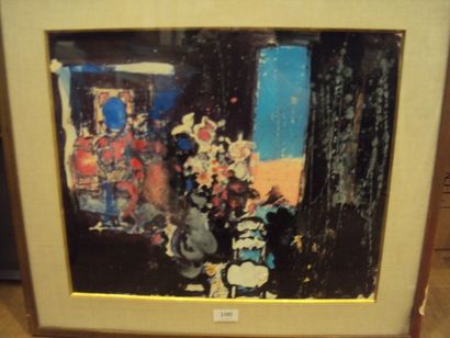 Jacques YANKEL (né en 1920) Intérieur Huile sur impression, non signée. 40 x 50 cm...