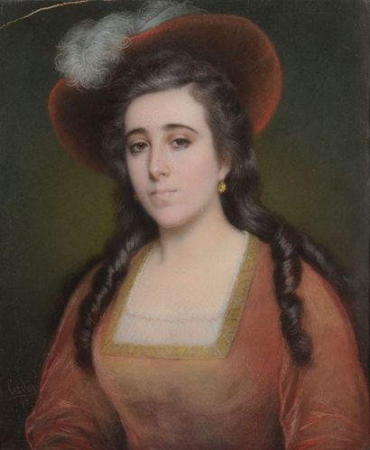 Louis-Eugène COEDES (1810-1906) Portrait de femme au chapeau à plume Pastel signé...