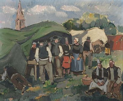 Pierre DE BELAY (1890-1947) Scène de marché en Bretagne Huile sur toile, signée en...